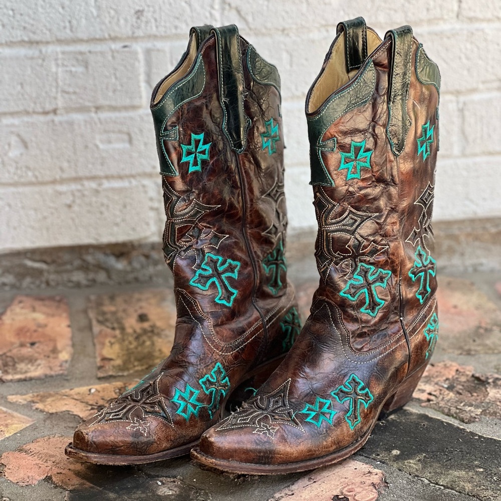 CORRAL Women's Whiskey/Turquoise Three Cross Snip Toe Boot R1019 Size 8.5M